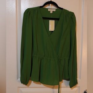 NWT Michael Kors V-Neck Tie-Waist Green Top | Size M